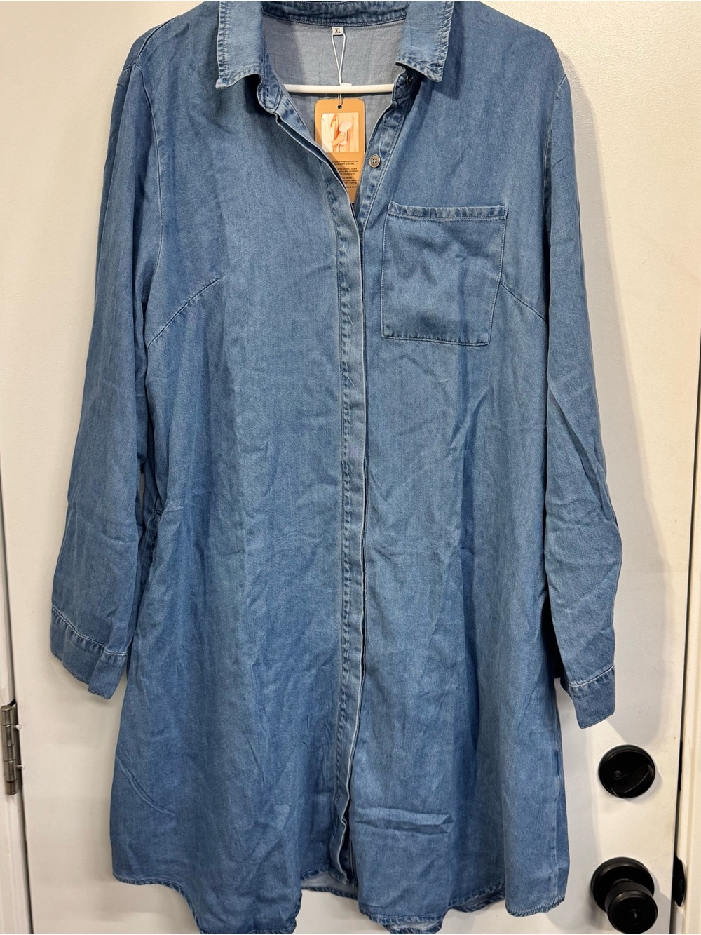 Women’s Chambray Denim Shirt Dress Light Blue Long Sleeve Button Front Pocket